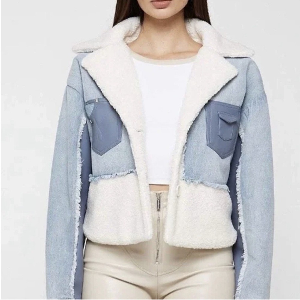 Maniere De Voir MARBLED JEANS COTTON FAUX SHEEP JACKET